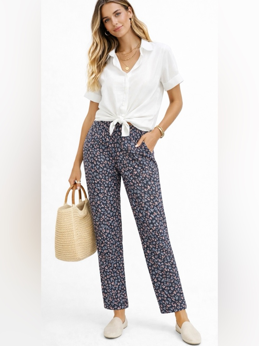 Chico’s Floral Pull-On Ankle‎ Pants Elastic Waist Blue Cottagecore Sz 6